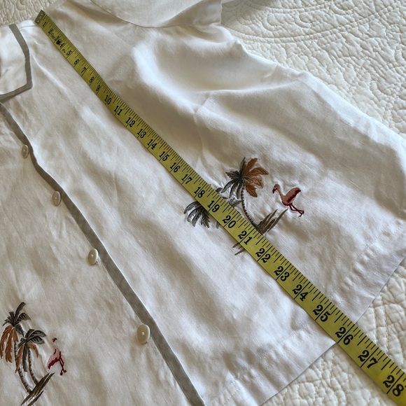 100% Linen Tunic Shirt Jacket Embroidered Flamingo Palm Women’s XL White Preppy - Picture 15 of 15